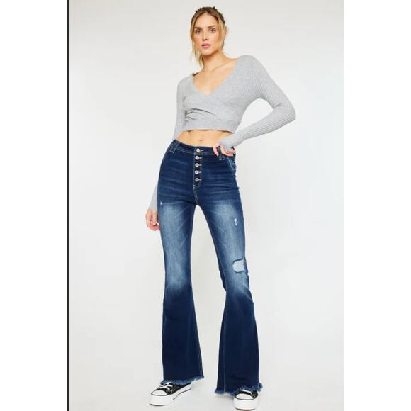 KanCan Sian High Rise Flare Jeans Dark Wash Size 11/29 Frayed Hem Bell Bottoms - Picture 1 of 14